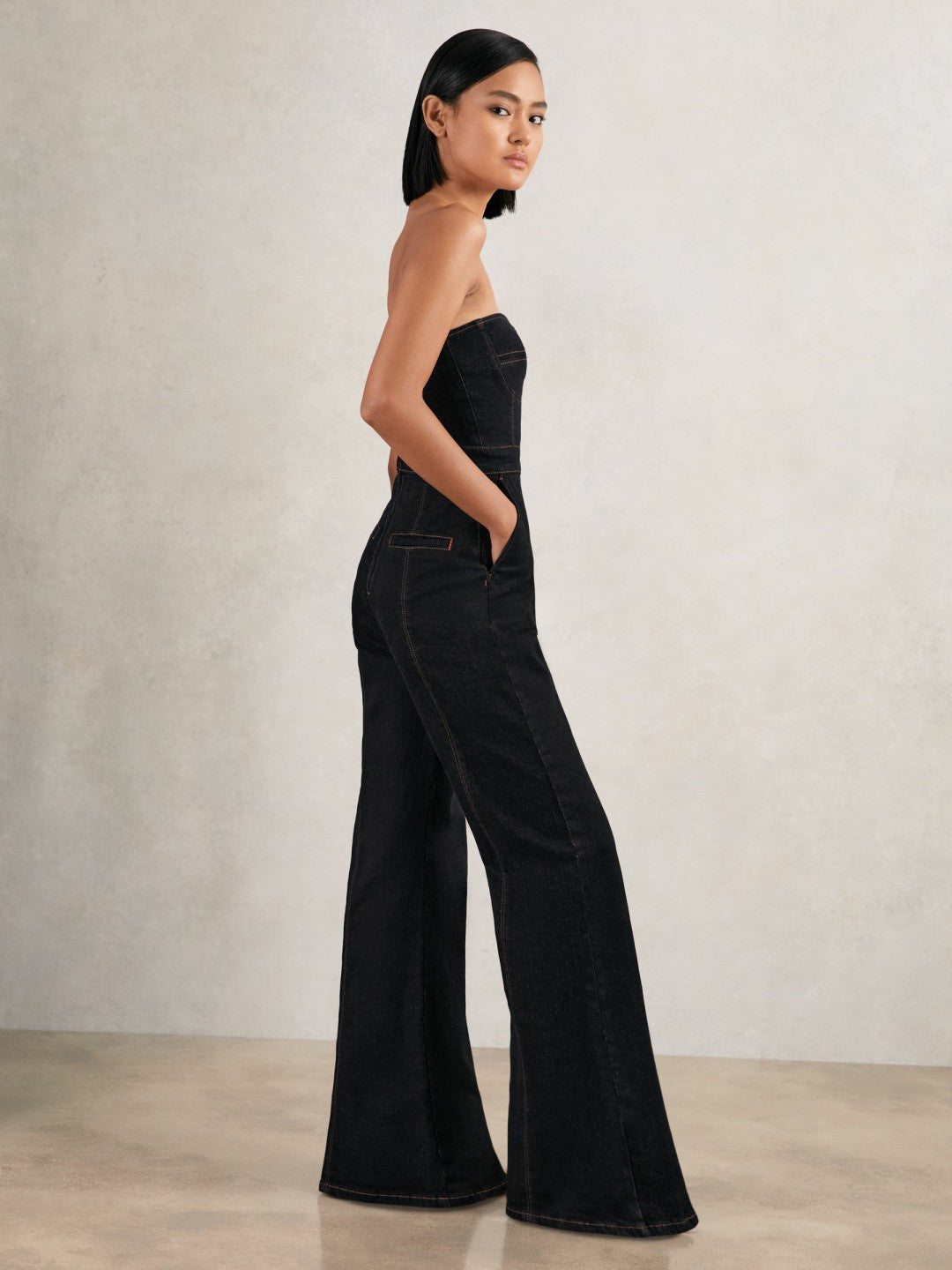 Women Strapless Wide Leg Denim Jumpsuit in Indigo Blue