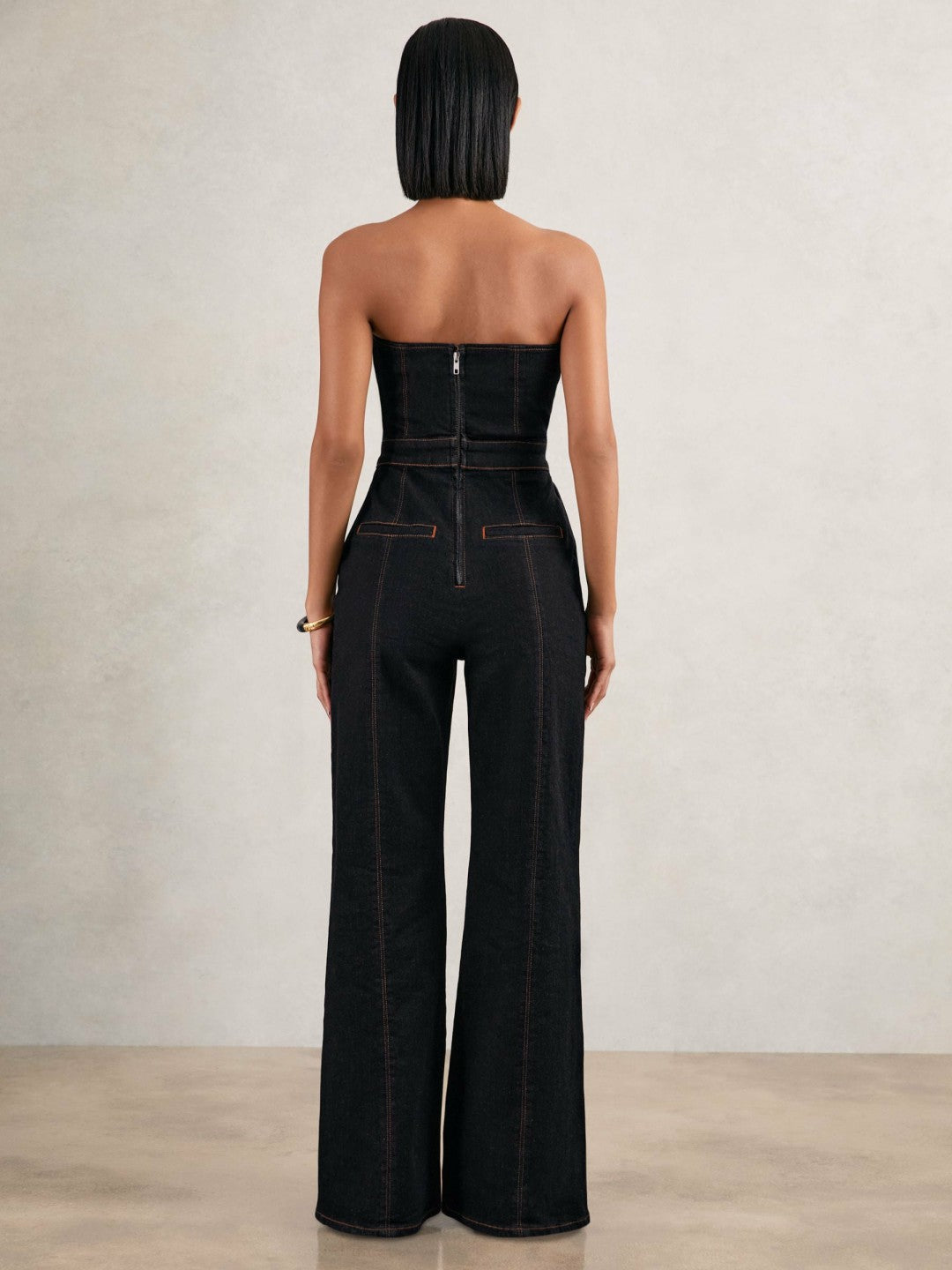 Women Strapless Wide Leg Denim Jumpsuit in Indigo Blue