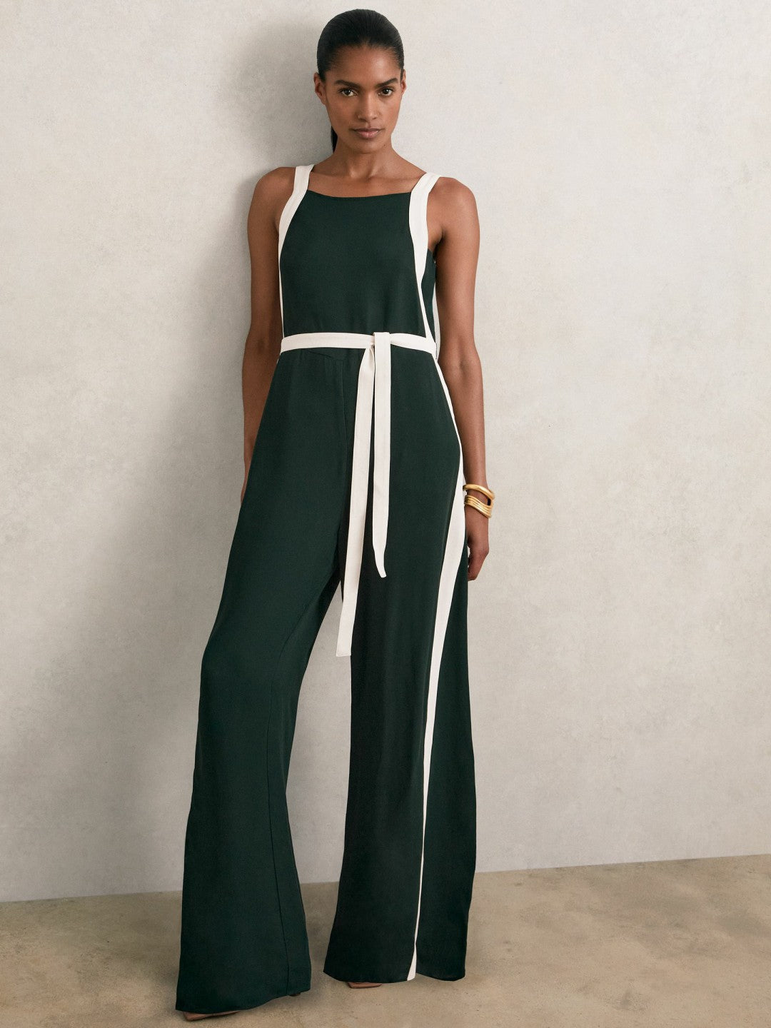 Women Petite Colourblock Wide Leg Belted Jumpsuit in Dark Green/Cream