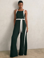 Women Petite Colourblock Wide Leg Belted Jumpsuit in Dark Green/Cream