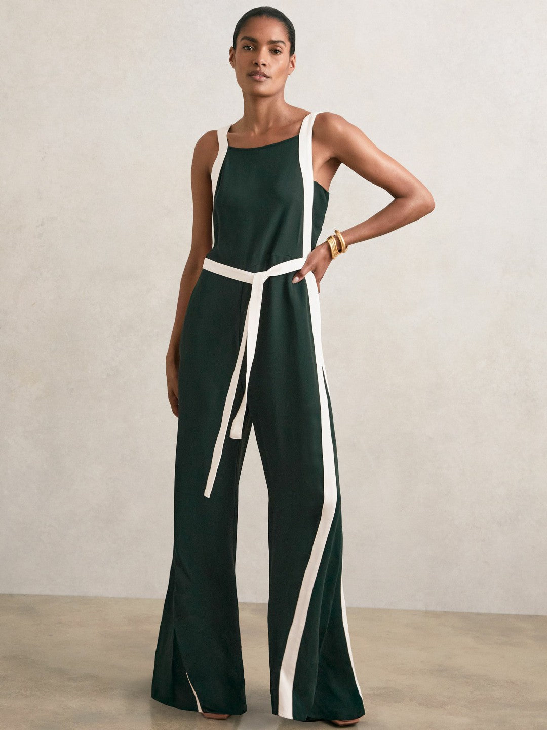 Women Petite Colourblock Wide Leg Belted Jumpsuit in Dark Green/Cream