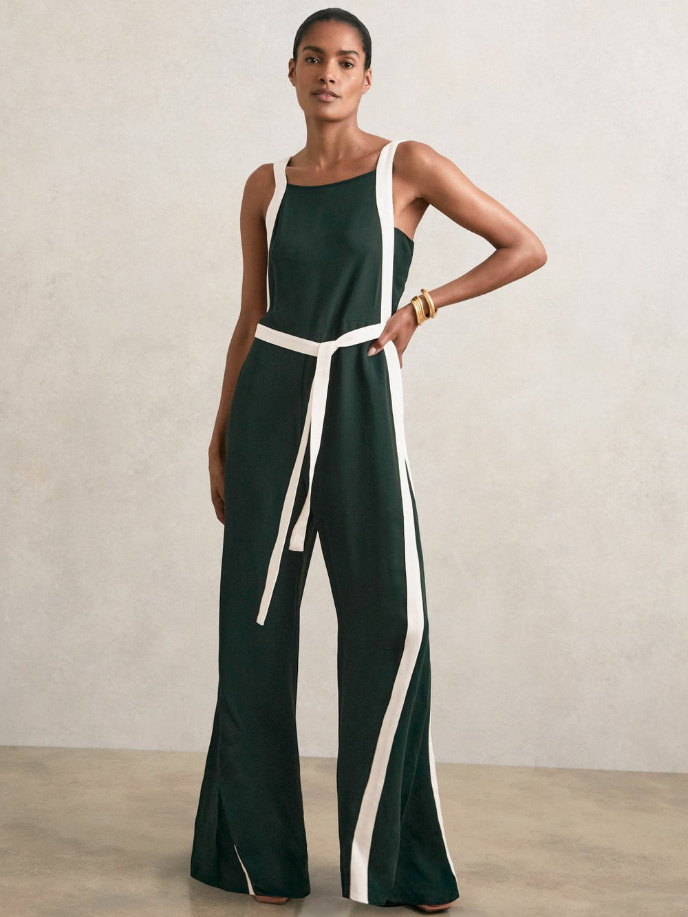 Women Petite Colourblock Wide Leg Belted Jumpsuit in Dark Green/Cream