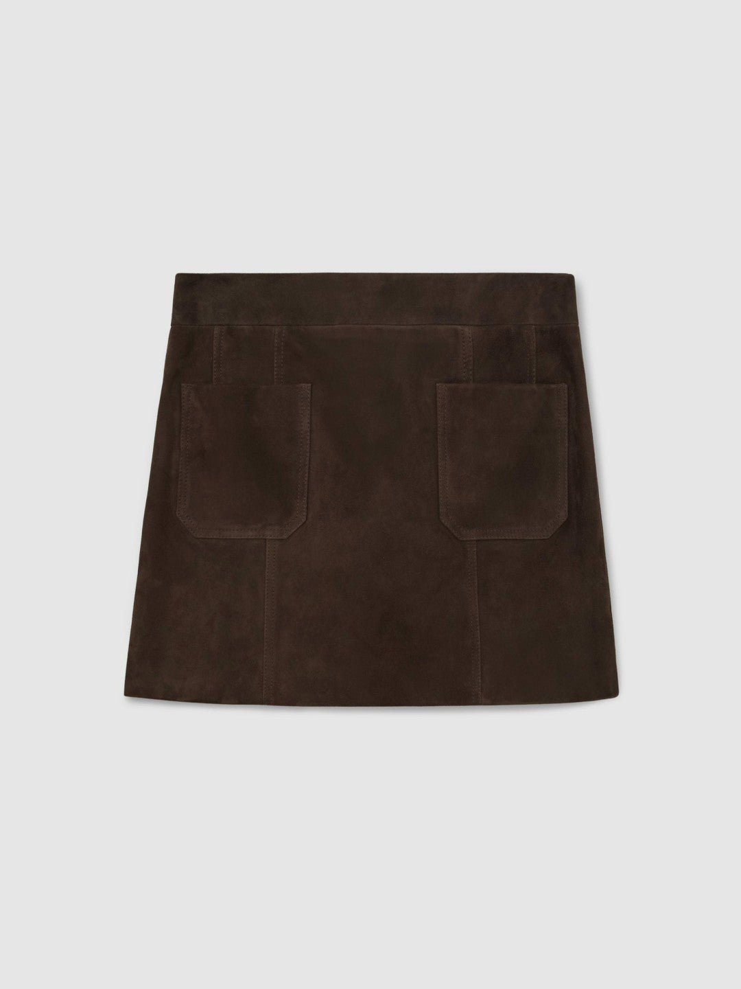 Women Mini Suede Patch Pocket Skirt in Chocolate Brown