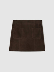 Women Mini Suede Patch Pocket Skirt in Chocolate Brown