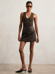 Women Leather Welt-Pocket Mini Skirt in Burgundy