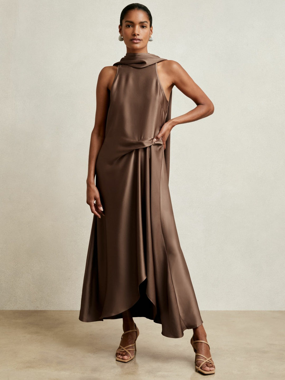 Women Satin Tuck-Detail Cape Midi Dress in Taupe Brown