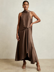 Women Satin Tuck-Detail Cape Midi Dress in Taupe Brown