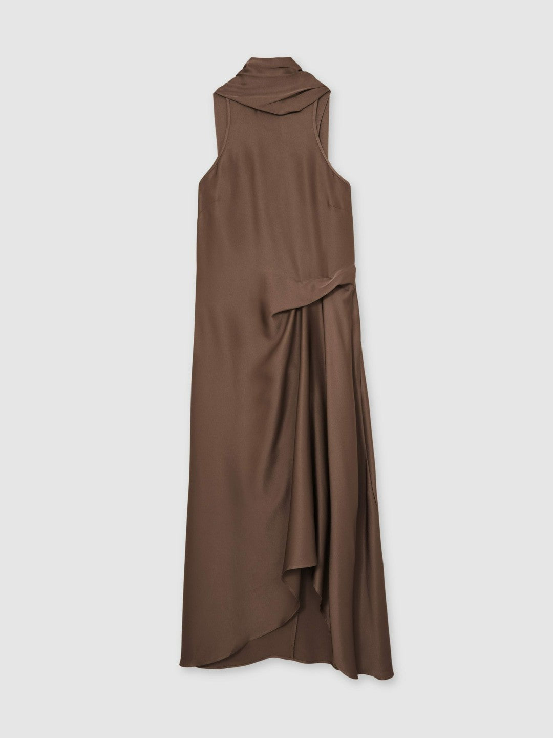 Women Satin Tuck-Detail Cape Midi Dress in Taupe Brown