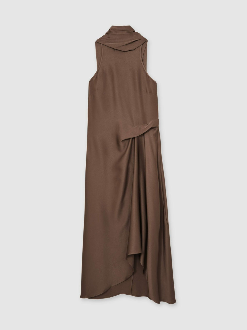 Women Satin Tuck-Detail Cape Midi Dress in Taupe Brown