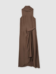 Women Satin Tuck-Detail Cape Midi Dress in Taupe Brown