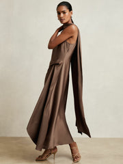 Women Satin Tuck-Detail Cape Midi Dress in Taupe Brown