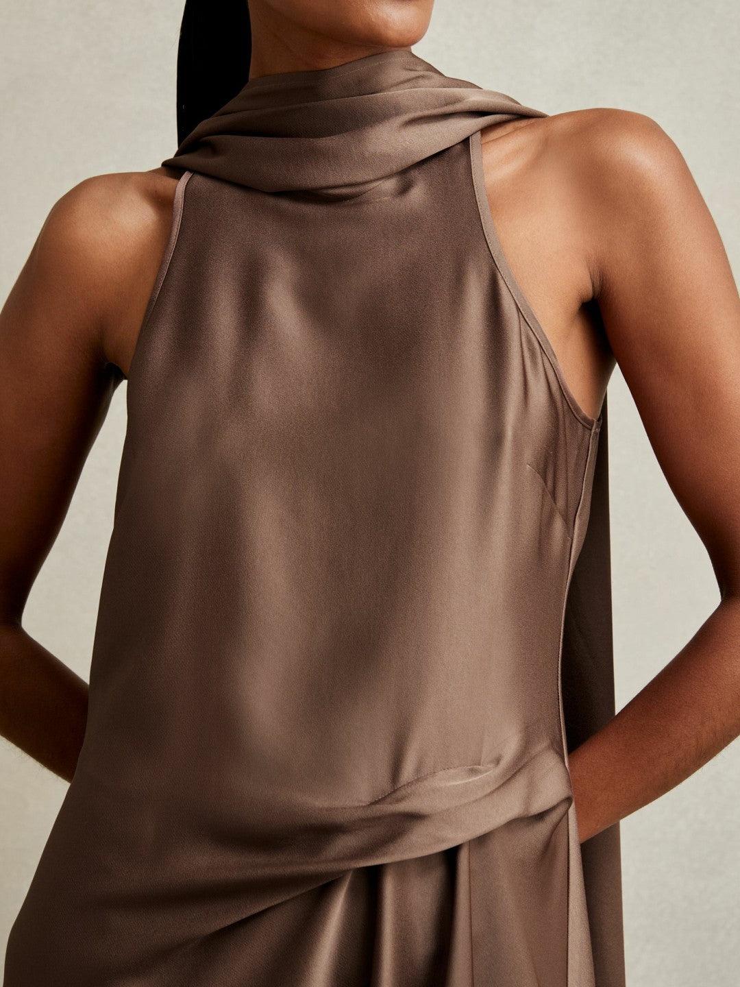 Women Satin Tuck-Detail Cape Midi Dress in Taupe Brown
