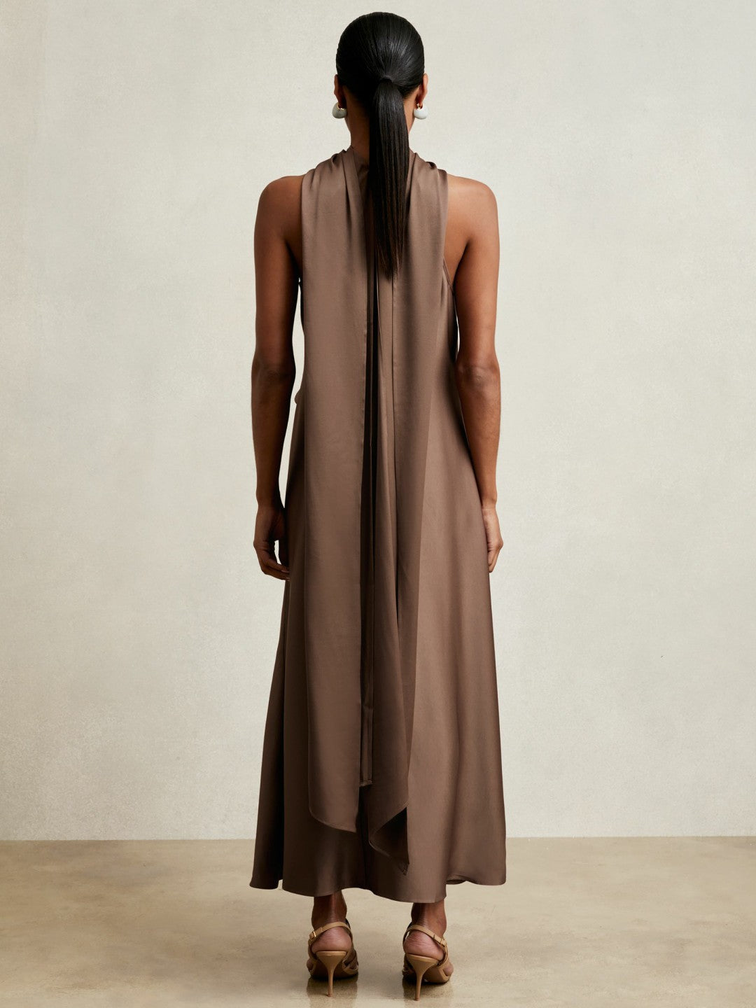 Women Satin Tuck-Detail Cape Midi Dress in Taupe Brown
