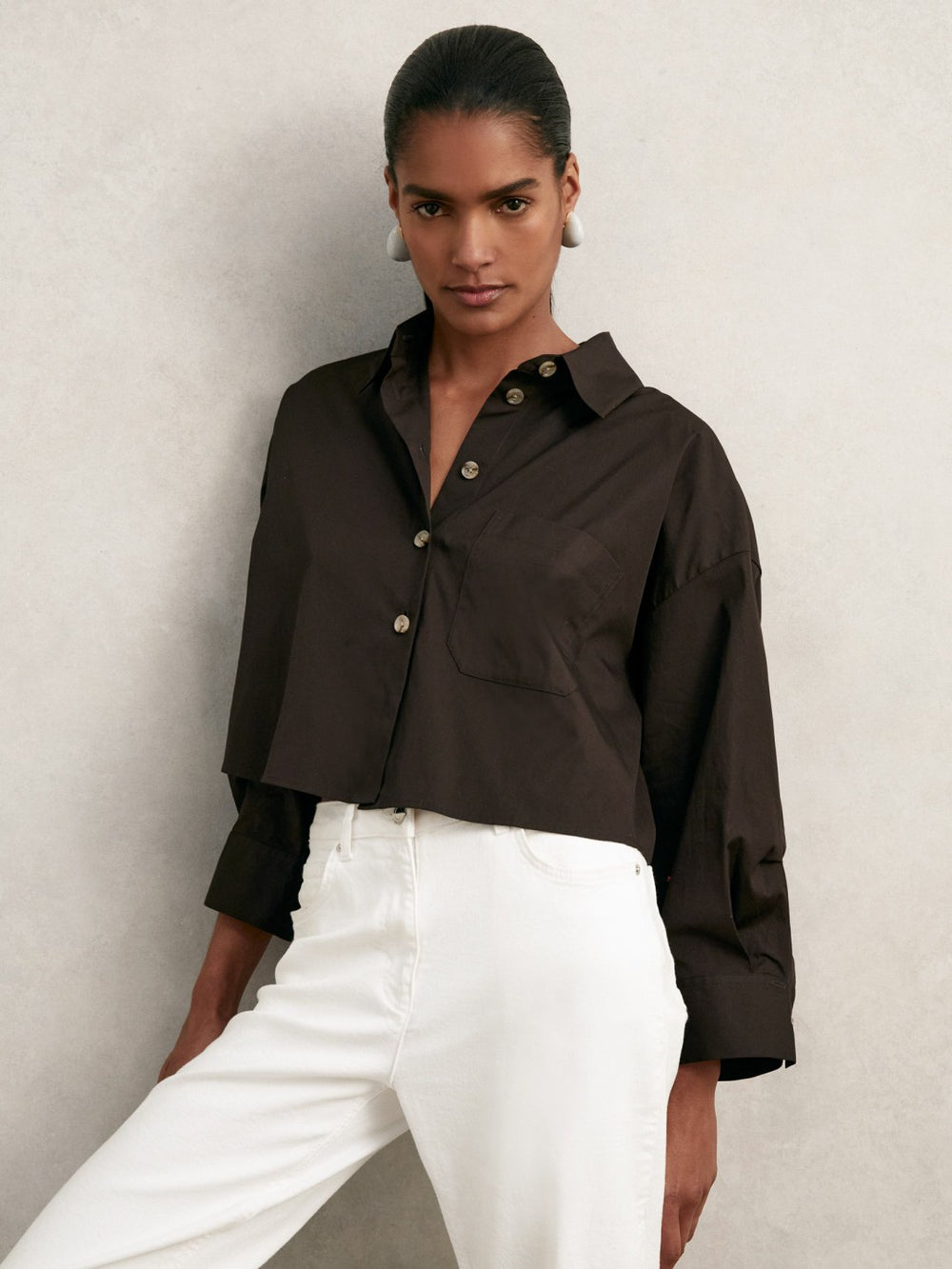 Women Oversize Cotton Cropped Shirt in Chocolate Brown