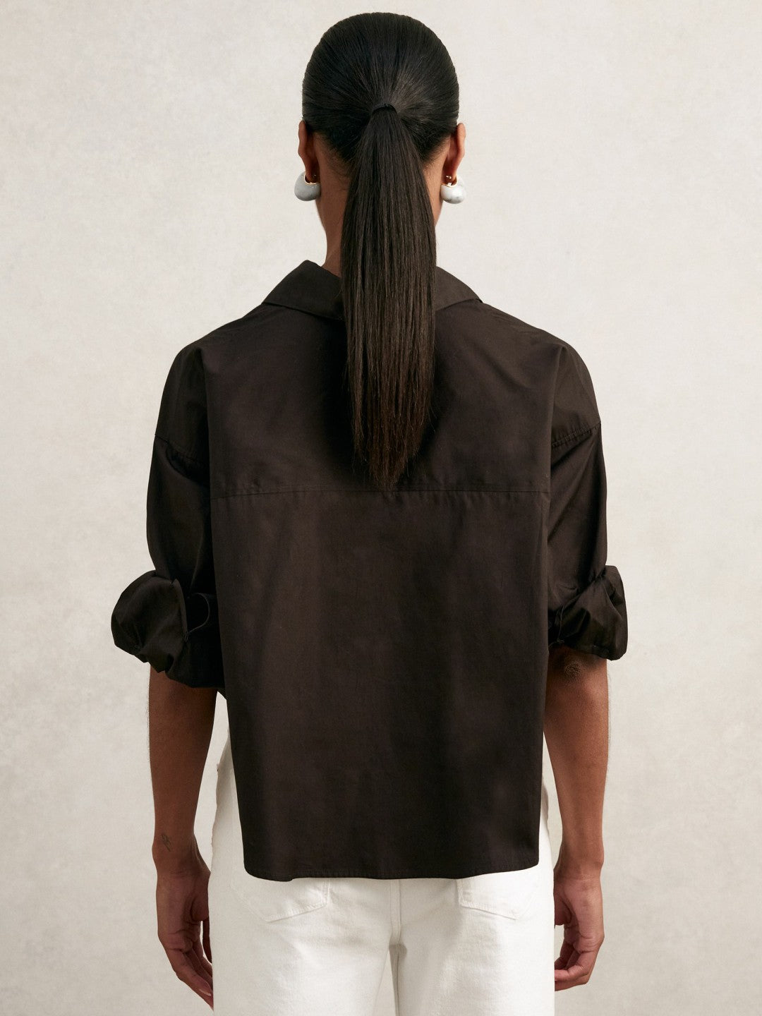 Women Oversize Cotton Cropped Shirt in Chocolate Brown
