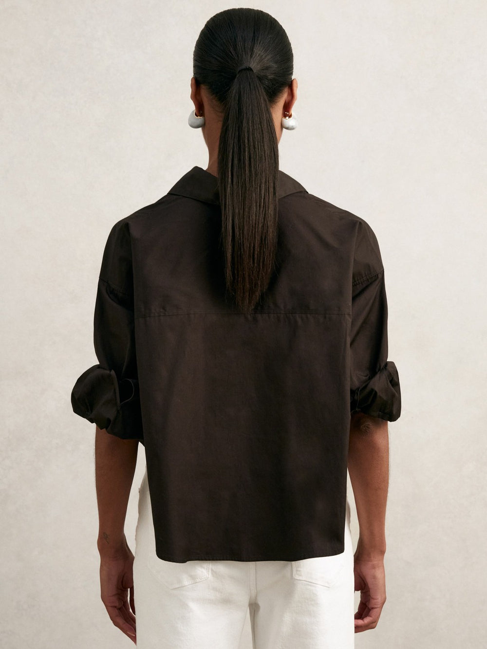 Women Oversize Cotton Cropped Shirt in Chocolate Brown