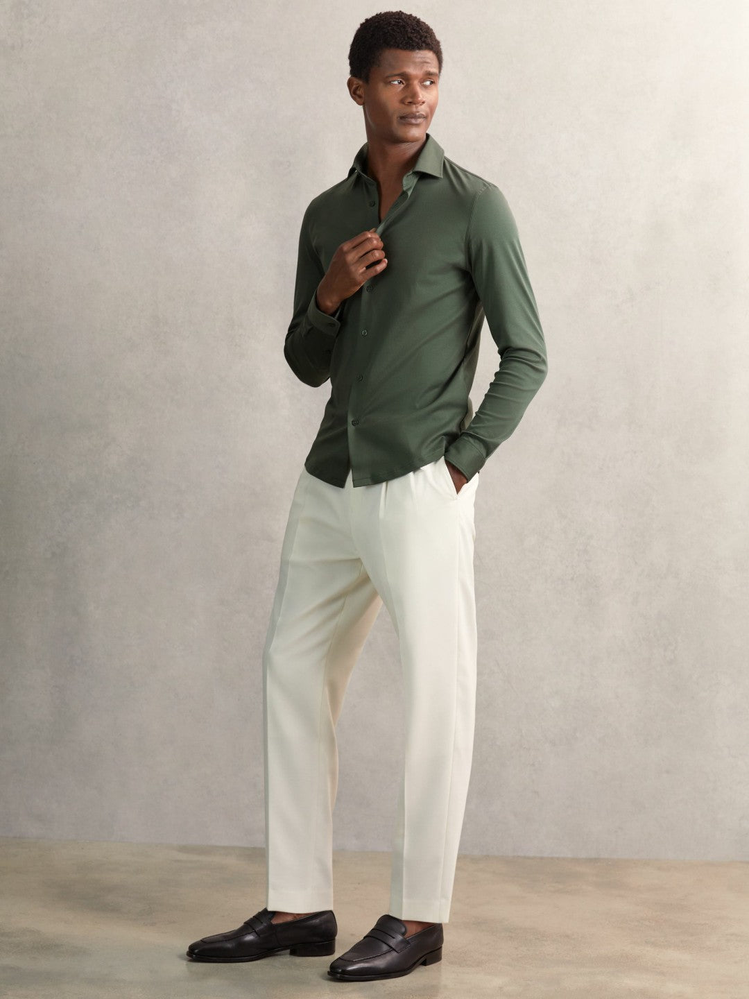 Men Cotton-Jersey Button-Through Shirt in Kale Green