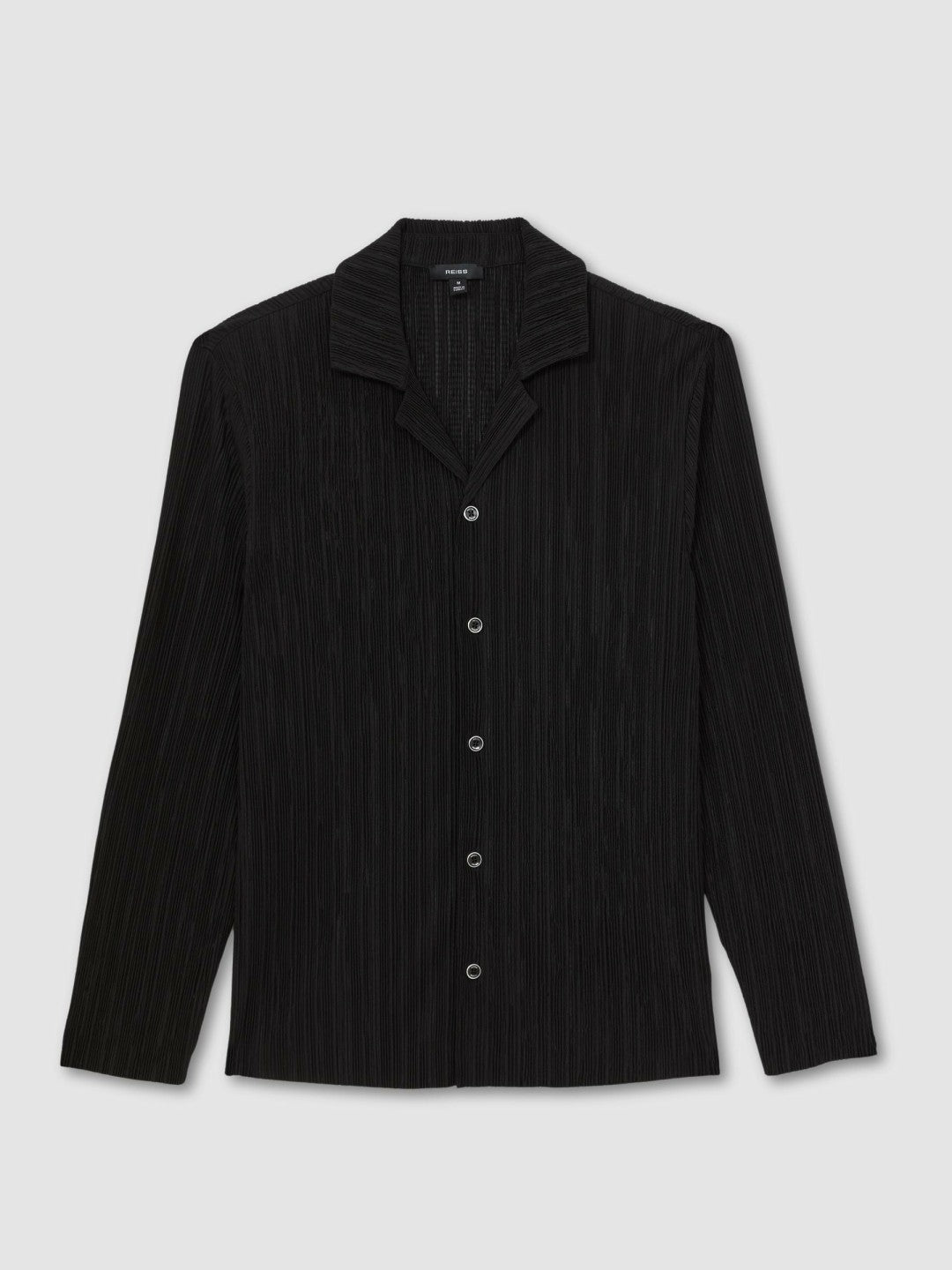 Men Plissé Cuban-Collar Long-Sleeve Shirt in Black