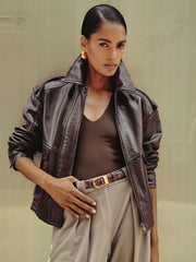 Women Oversized Leather Jacket in Aubergine