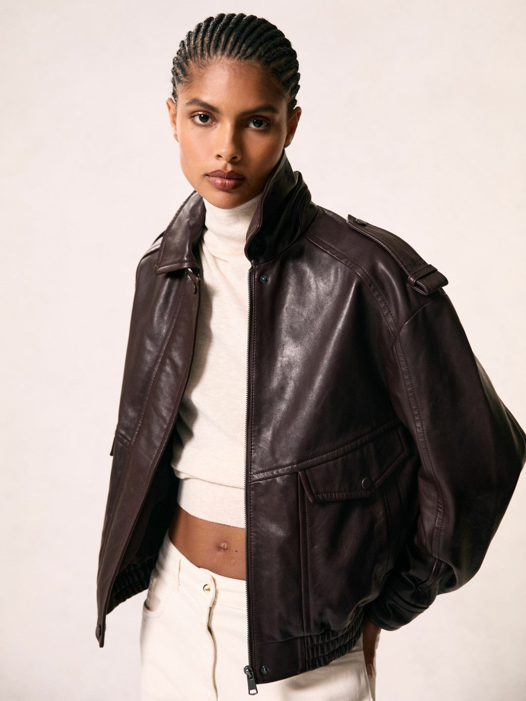 Women Oversized Leather Jacket in Aubergine