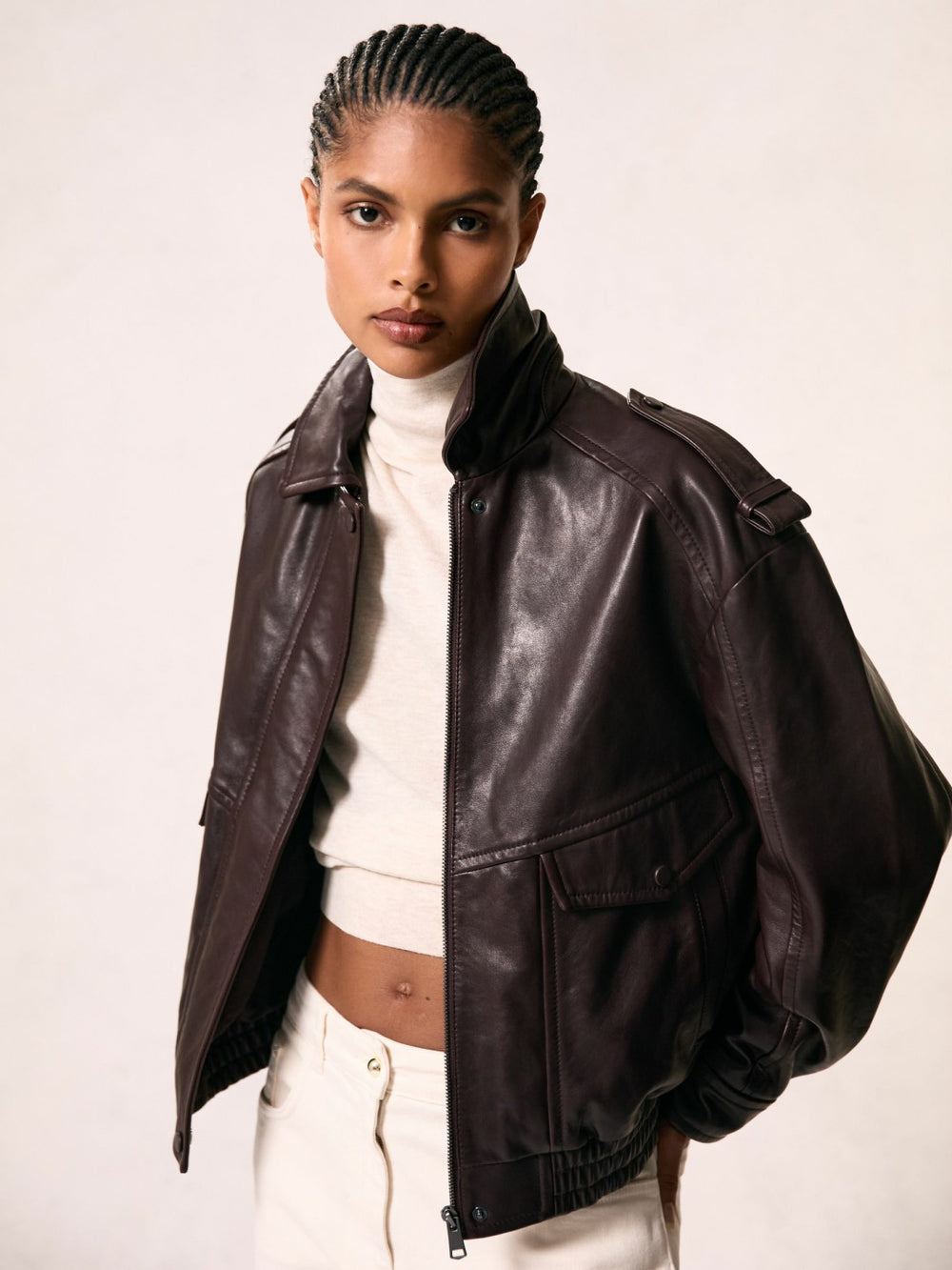 Women Oversized Leather Jacket in Aubergine