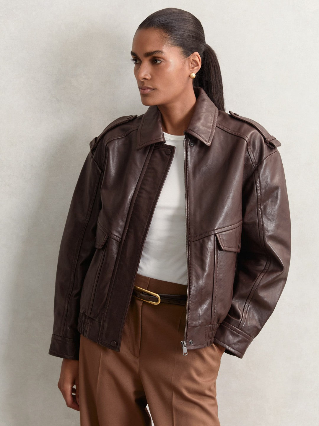 Women Oversized Leather Jacket in Aubergine