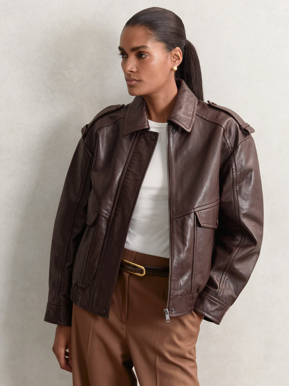 Women Oversized Leather Jacket in Aubergine