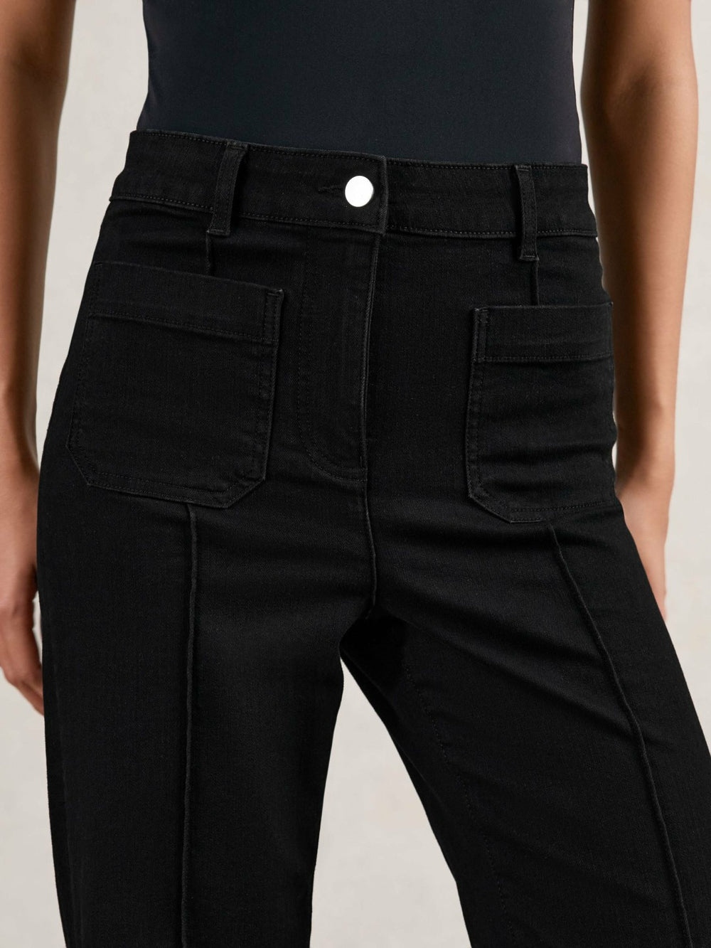 Women Petite Patch-Pocket Flared Jeans in Black