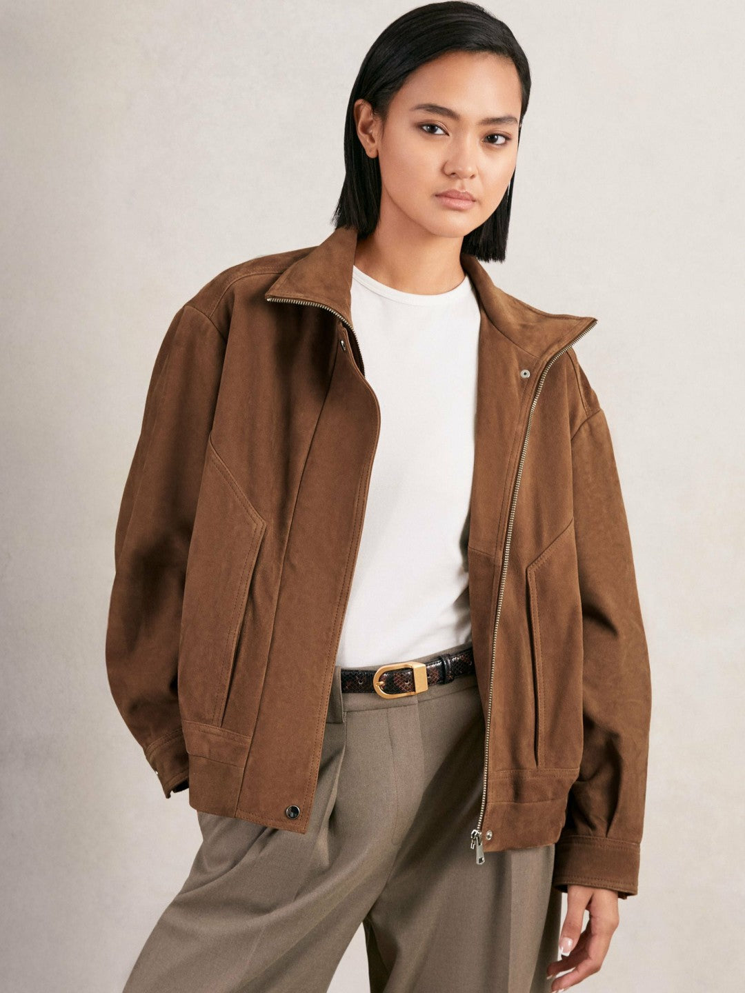 Women Suede Funnel-Neck Bomber Jacket in Tan