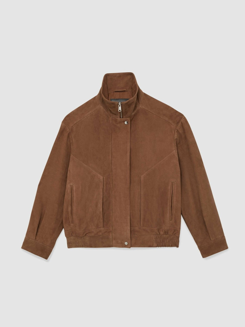 Women Suede Funnel-Neck Bomber Jacket in Tan