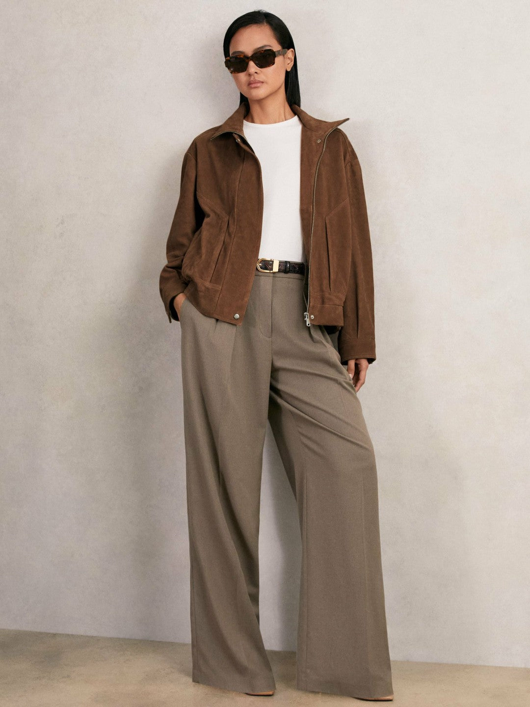 Women Suede Funnel-Neck Bomber Jacket in Tan