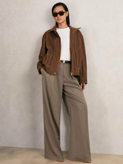 Women Suede Funnel-Neck Bomber Jacket in Tan