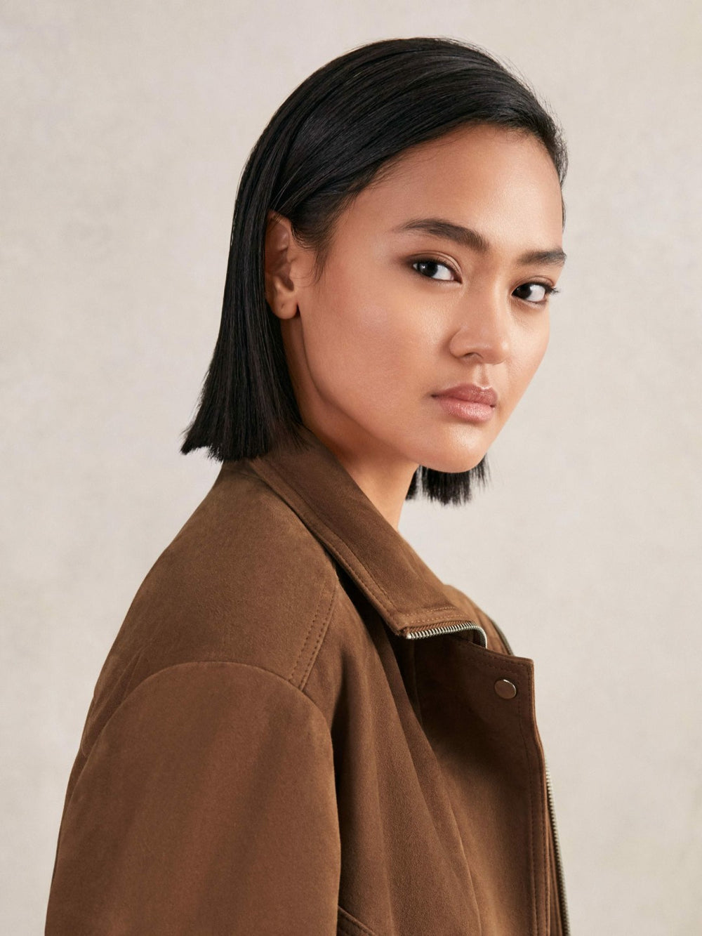 Women Suede Funnel-Neck Bomber Jacket in Tan