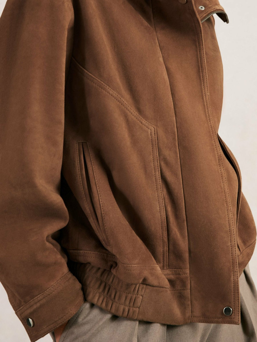 Women Suede Funnel-Neck Bomber Jacket in Tan