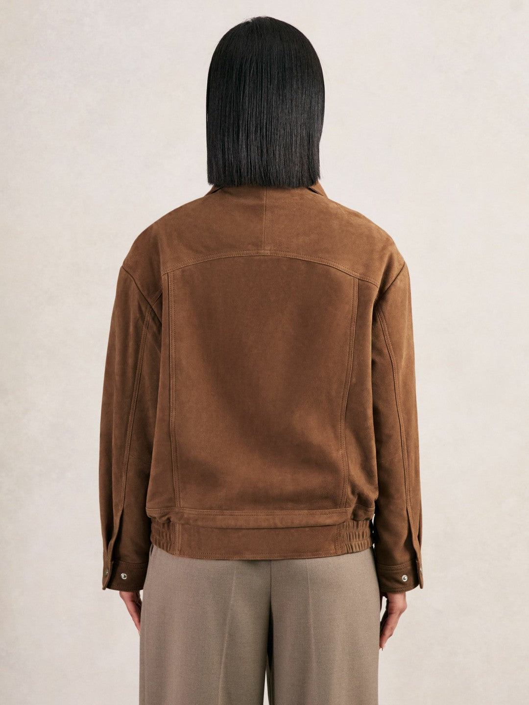 Women Suede Funnel-Neck Bomber Jacket in Tan