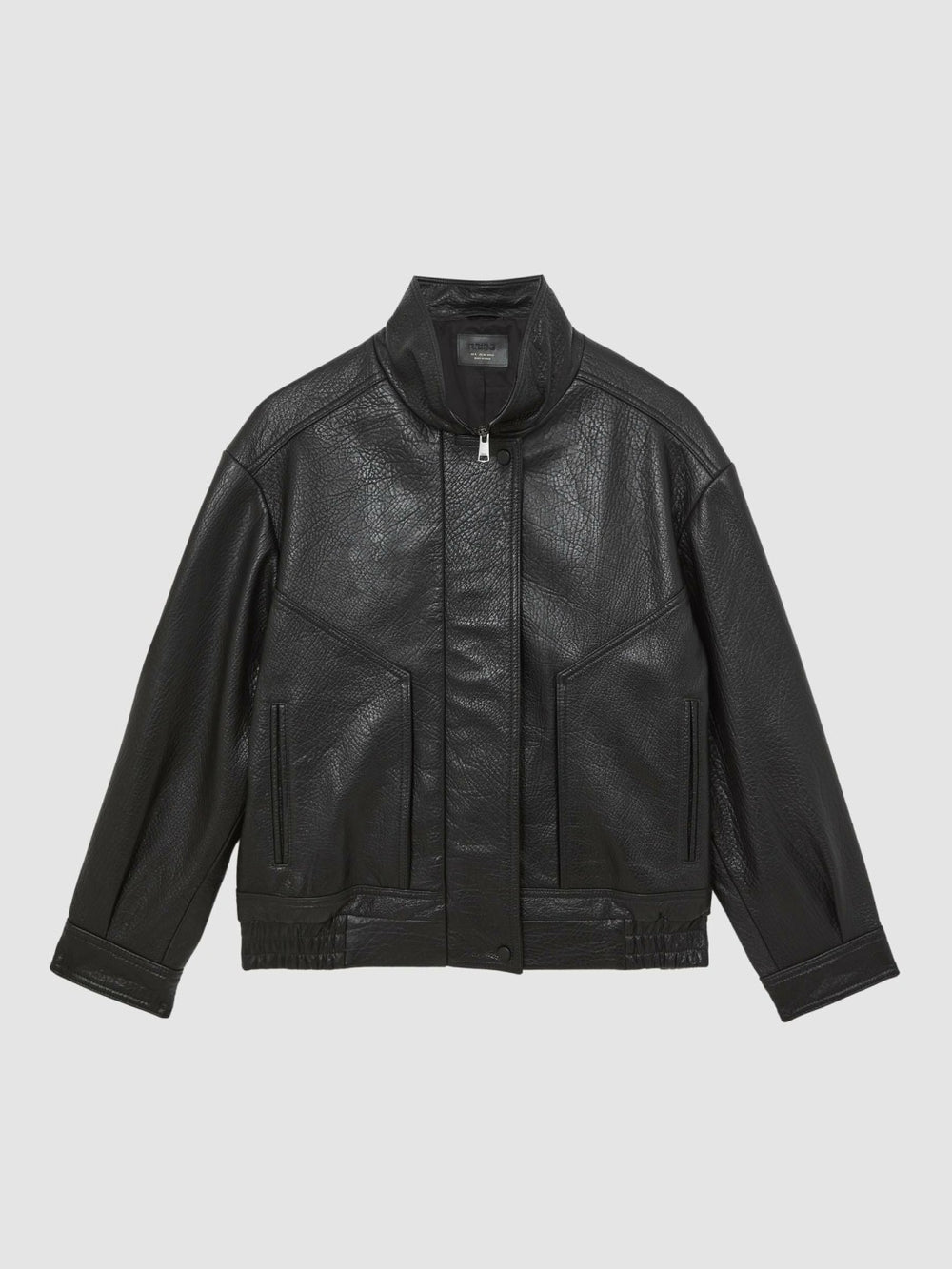 Women Oversize Grained-Leather Bomber Jacket in Black