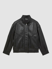 Women Oversize Grained-Leather Bomber Jacket in Black