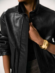 Women Oversize Grained-Leather Bomber Jacket in Black