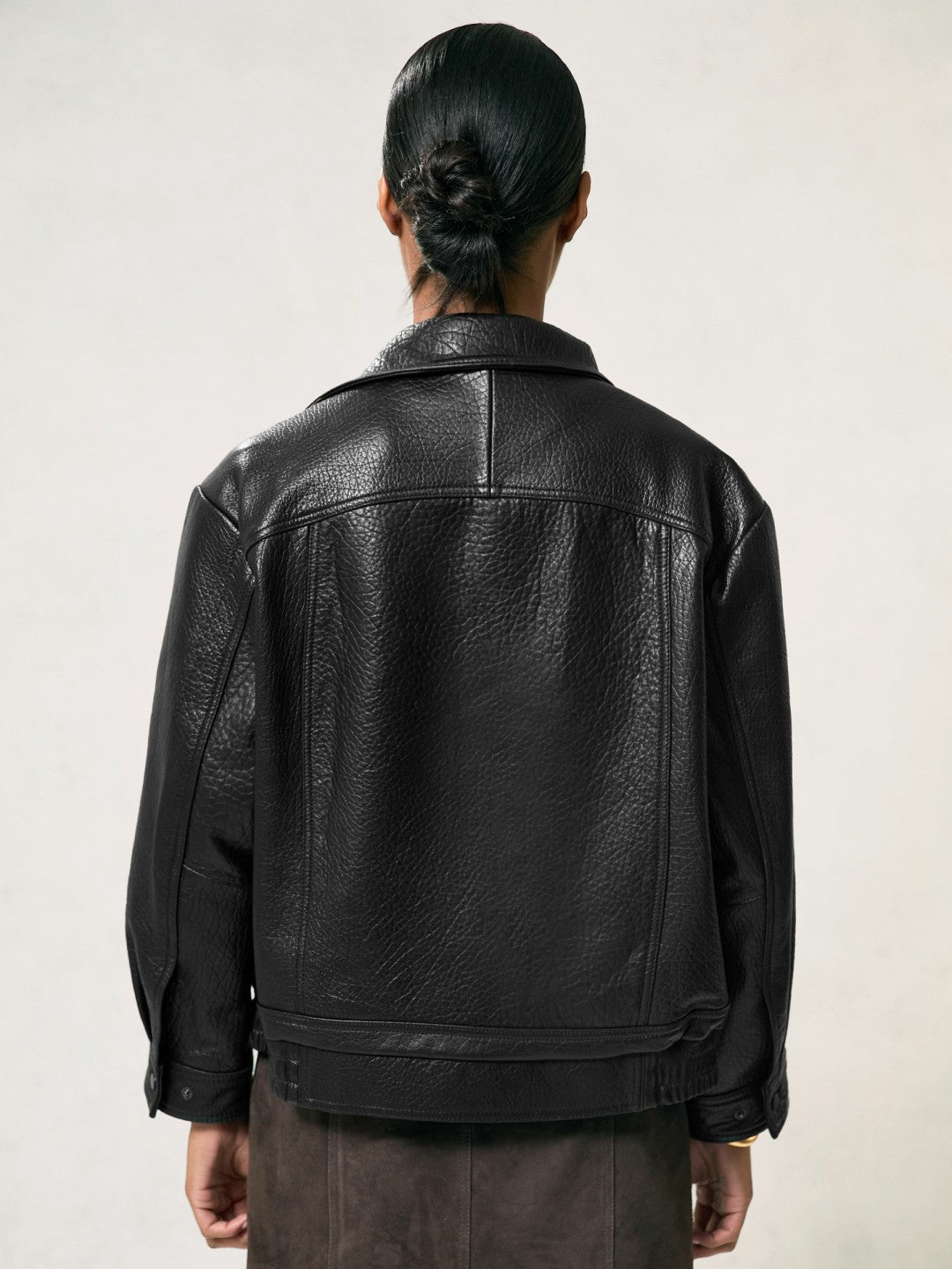 Women Oversize Grained-Leather Bomber Jacket in Black
