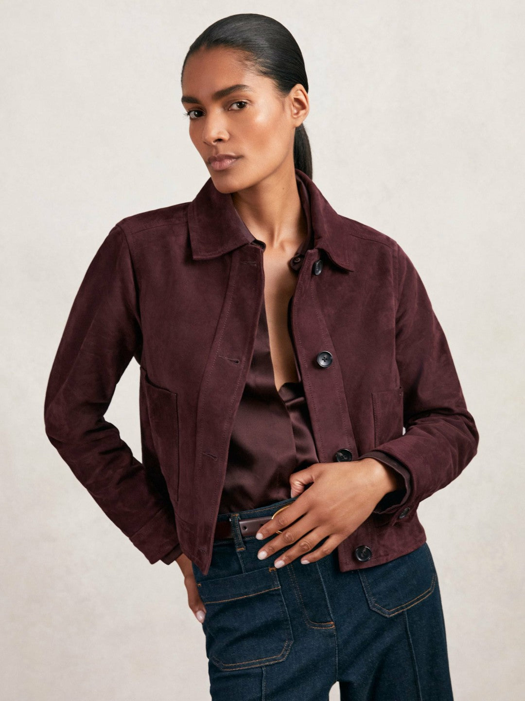 Women Suede Button Through Jacket in Burgundy