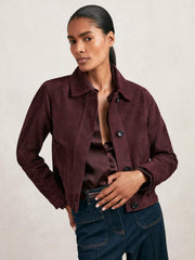 Women Suede Button Through Jacket in Burgundy