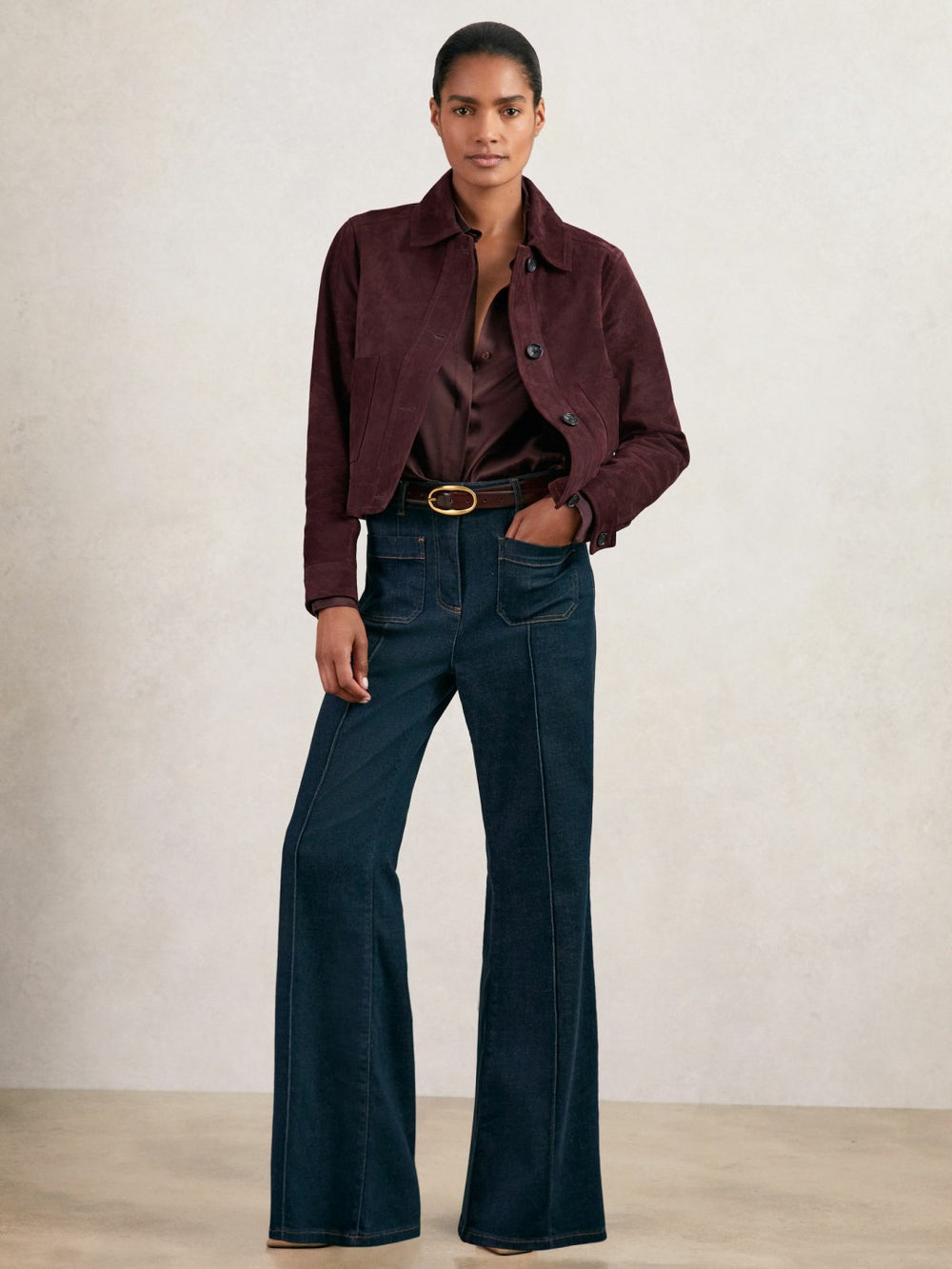 Women Suede Button Through Jacket in Burgundy