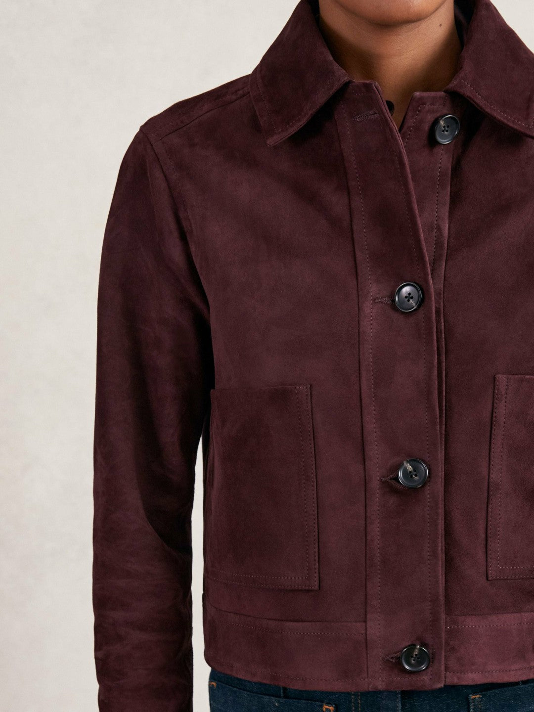 Women Suede Button Through Jacket in Burgundy