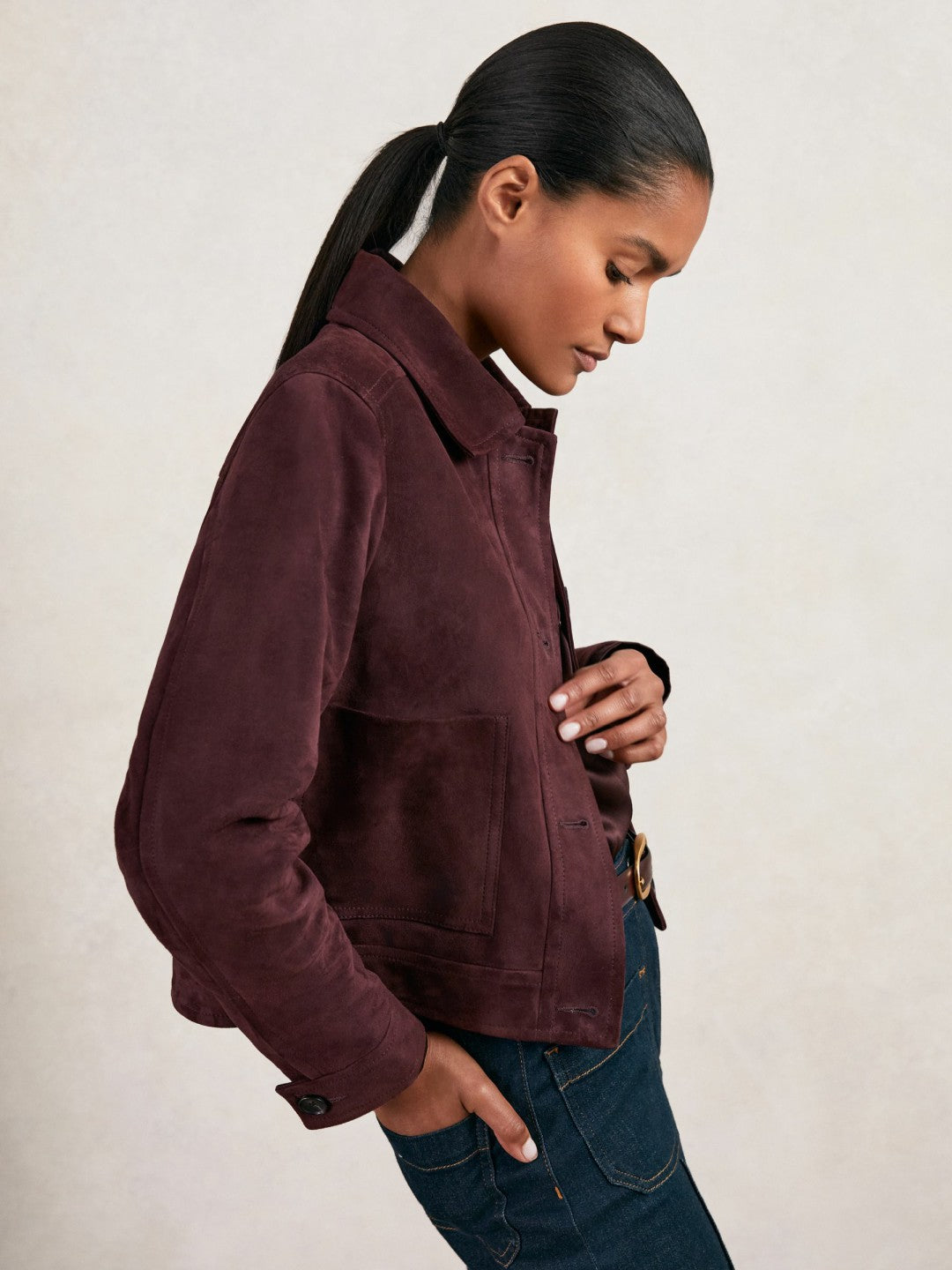 Women Suede Button Through Jacket in Burgundy