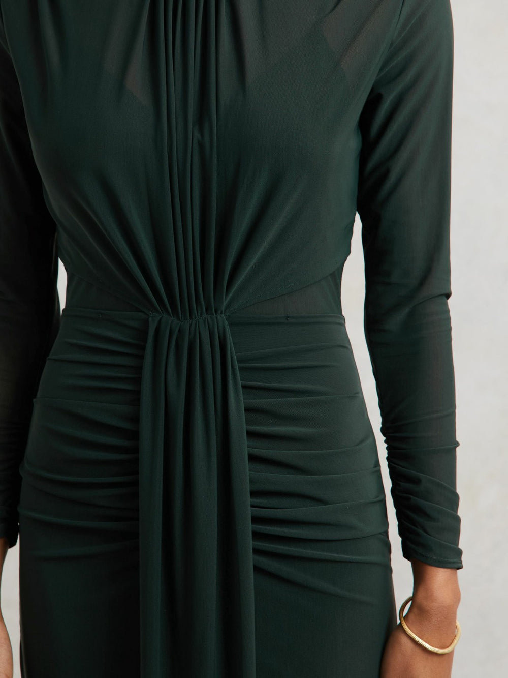 Women Petite Ruched Long-Sleeve Maxi Dress in Dark Green