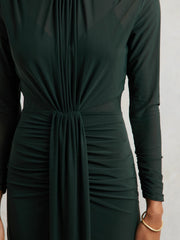 Women Petite Ruched Long-Sleeve Maxi Dress in Dark Green