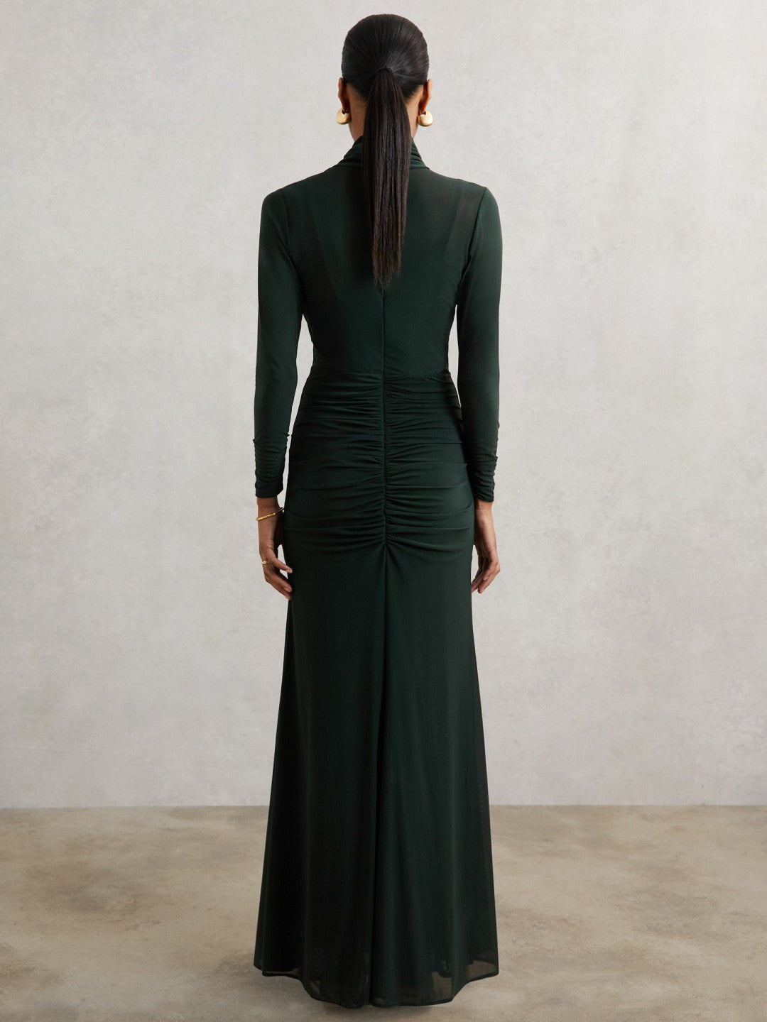 Women Petite Ruched Long-Sleeve Maxi Dress in Dark Green