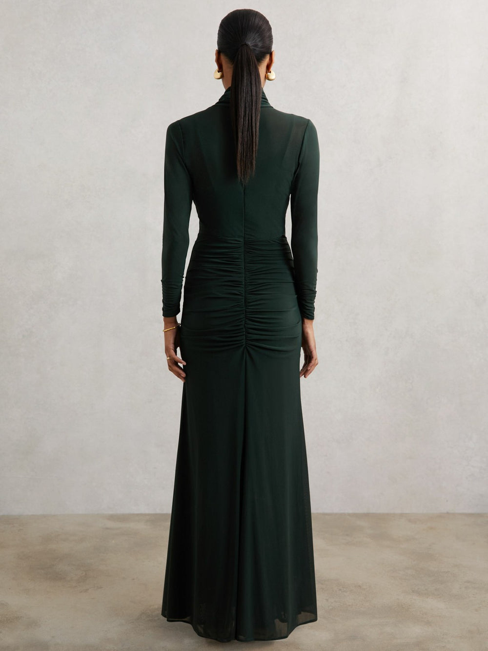 Women Petite Ruched Long-Sleeve Maxi Dress in Dark Green