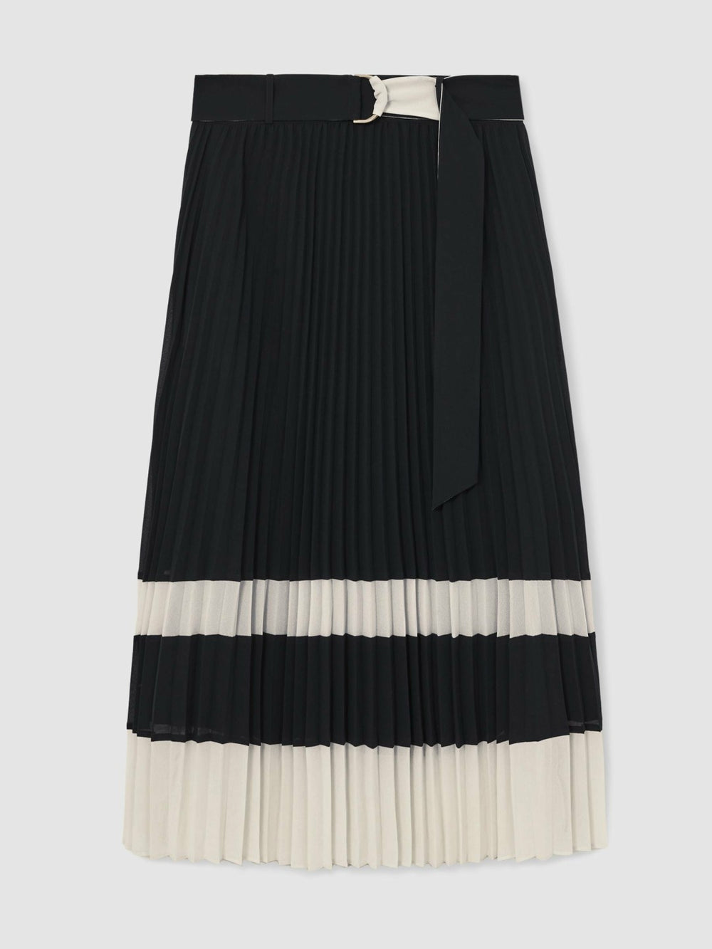 Women Belted Pleated Midi Skirt in Navy/Ivory