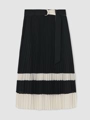 Women Belted Pleated Midi Skirt in Navy/Ivory